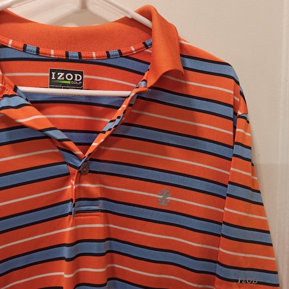 IZOD GOLF POLO SHIRT SS Mens L Athletic Orange Blue Striped Perform X Polyester - Picture 4 of 9